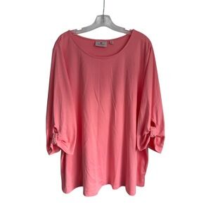 Quacker Factory Coral Pink Pearl Detail 3/4 Sleeve Knit Top Womens 3X Scoop Neck